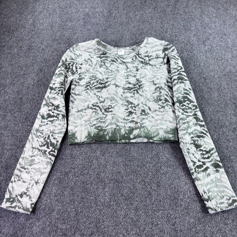 Fabletics Crop Top Womens Medium Green White Abstract Long Sleeve Activewear